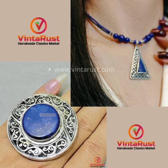 Lapis Beaded Chain Necklace Silver Triangle Pendant with Gemstone Ring - Picture 1 of 3